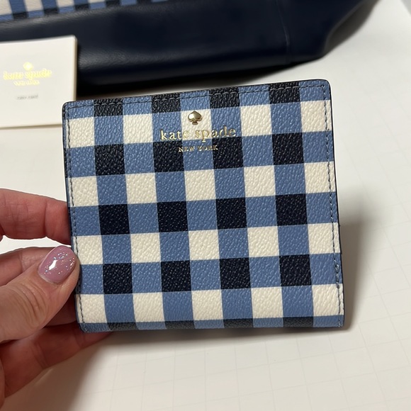 Kate Spade blue and white gingham tote and wallet. - Picture 2 of 9
